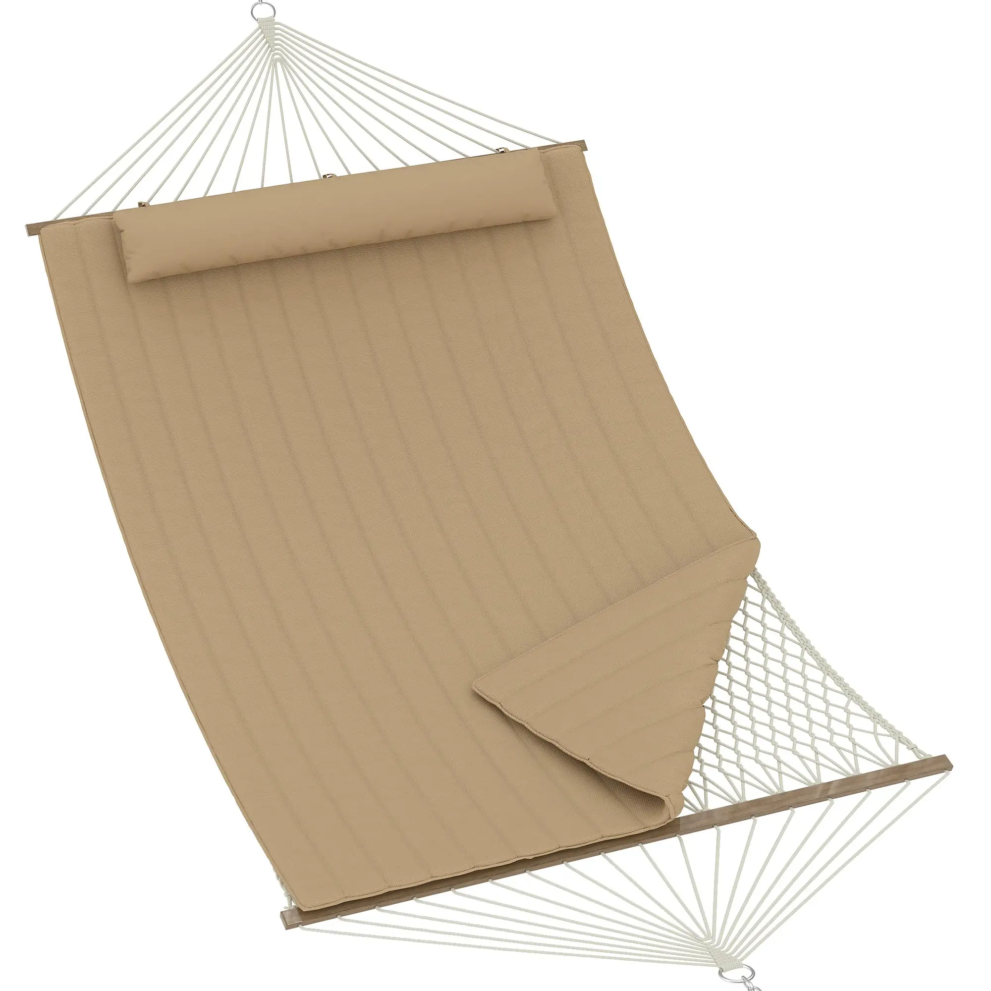 Garvee Doppel-Hängematte für 2 Personen – Stange aus Holz – abnehmbares Kissen – Baumwolle und Polyester gepolstert – Ketten – Aufbewahrungstasche – Tragkraft 204 kg – braun-gelb – 350 cm