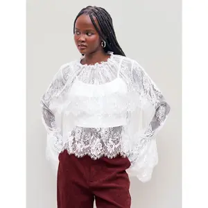 Cider [size 2-26] Lace High Neck Layered Long Sleeve Blouse With Solid Crop Cami Top