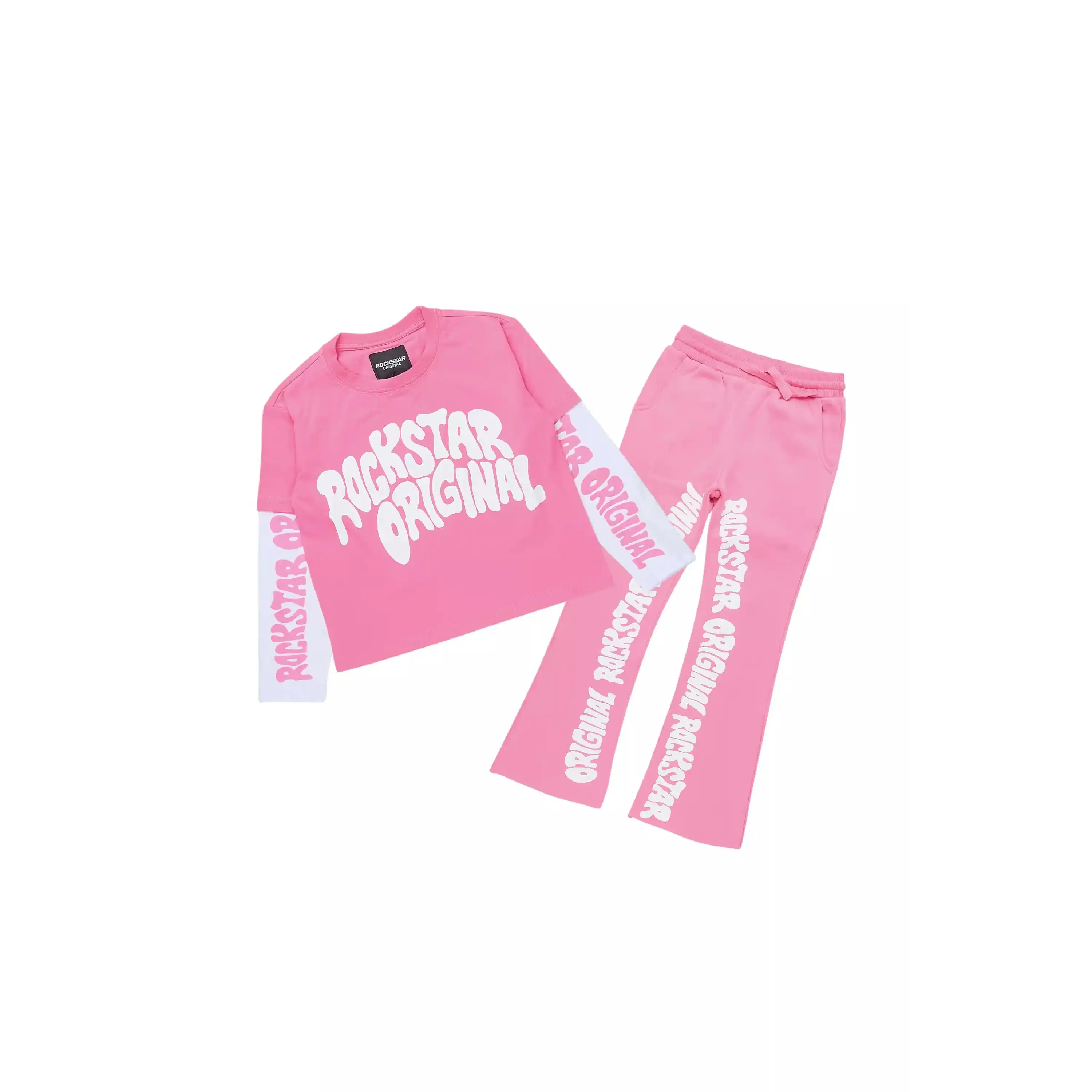 Girls Monique Pink Double Layer T-Shirt Stacked Flare Track Pant Set