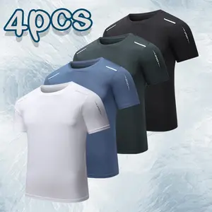 Men’s Ice Silk Quick-Dry Sports T‑Shirt Set, White + Light Blue + Dark Gray + Black, Crew Neck, Breathable Short Sleeve, 4 Pieces