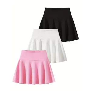 3-piece girls' summer stretch trumpet skirt plain tennis skating skirt with built-in shorts and elegant A-line skirt for children's activities.
