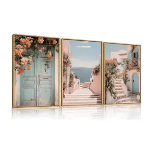 3pcs Italy Coast Cityscape Unframed Canvas Wall Art Set, Neutral Italian Countryside Wall Decor, Aegean Santorini Landscape Wall Painting, Florida Beach Art Prints for Living Room, Bedroom