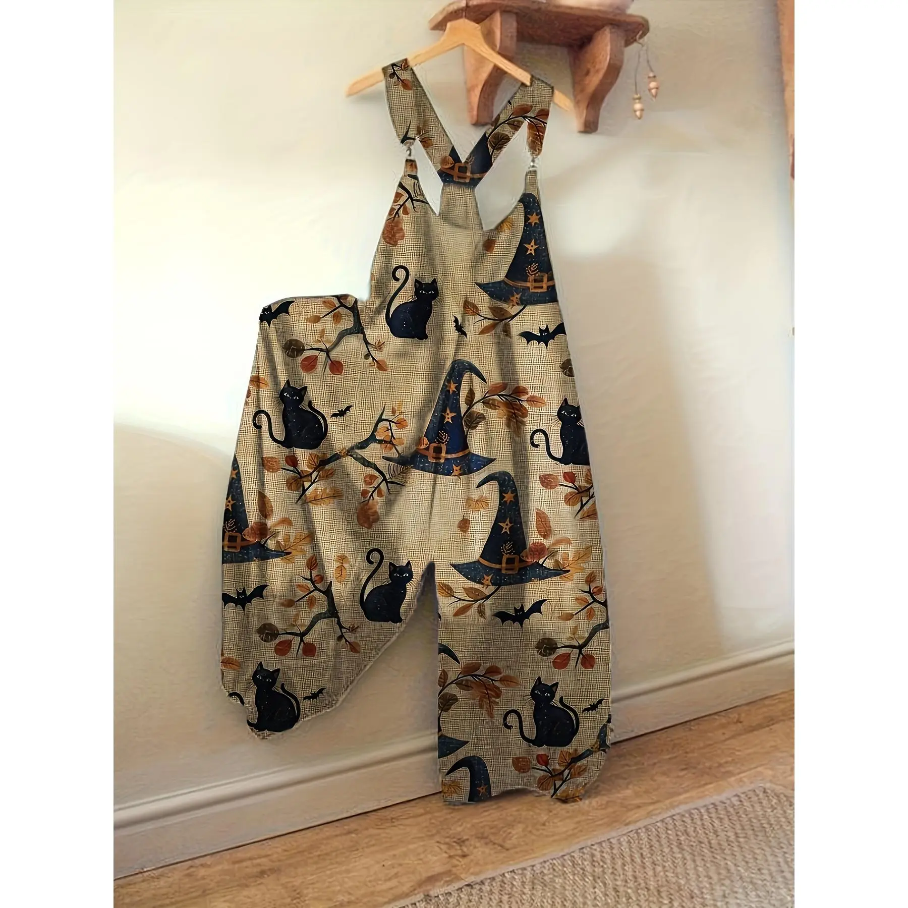 Punk Style Cat Jumpsuit Halloween Design All-over Printed Snap-on Casual Round Neck Polyester Sleeveless 2025 Womenswear Overalls Mixed Color Fabric Fitted