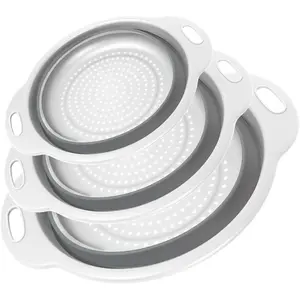 Collapsible Colander 3-Pack Set-Saving Foldable Strainer with Non-Slip Base Thickened PP+TPE Collapsible Strainers for Pasta, Vegetables, Fruits (Gray-White)