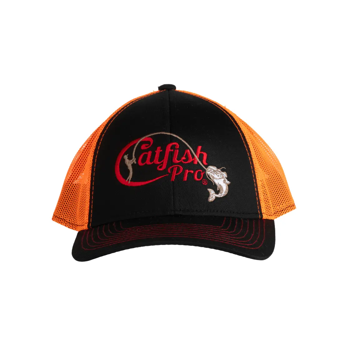 Catfish Pro Tournament Series Adjustable Mesh Baseball Cap - Black Fabric Front, Orange Mesh Back, Quality Cap with Catfish Pro Logo, Adjustable Cap