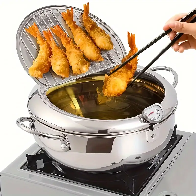 Deep Fryer Pot, LARGE Janpanese Style Tempura Frying Pot with Lid, 304 Stainless Steel with Temperature Control and Oil Drip Drainer Rack, for Kitchen