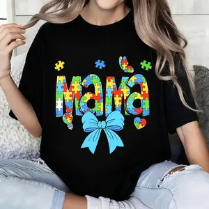 Women's Seamless Short-Sleeve Round Neck T-Shirt - Autism Awareness Puzzle Pieces & Butterfly Motif Fabric Top, Casual Streetwear Sports Clothes, Special Needs Support Relaxed Fit, Machine Washable, S-5XL,summervibes