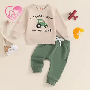 (70% Cotton) GBA Boys Fall Set Letter Tractor Print Long Sleeve Round Neck Tops Drawstring Pocket Long Pants Outfits