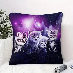Cute Kawaii Kitten Pillow with Insert, Soft Plush Square Throw Cushion, Galaxy Cat Print Decorative Pillow for Girls Bedroom, Kawaii Dorm Room Decor Gift for Cat Enthusiasts