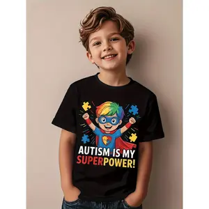 Boys' Autism Awareness T-Shirt - Superpower Hero Design with Autism Is My Superpower! - Tee with Red & Superhero Graphic - Soft Everyday Shirt for