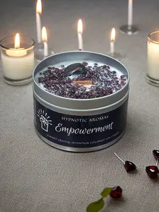 Empowerment Crystal Intention Candle Garnet Dark Rose Labdanum Wooden wick