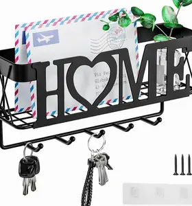 Key Holder Wall Mount - Adhesive Key Holder with 5 Hooks, Key Rack and Mail Organizer, Metal Basket Key Hanger for Entryway, Home, Living Room Decor, 11" L×2.8" W×4.9''H(White)