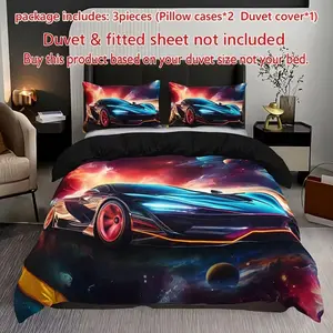 3pcs Cool Car Pattern Decorative Bedding Set, Soft Polyester Fitted Sheet & Pillowcases, Modern Style, Digital Print, Bedroom Decor Gift