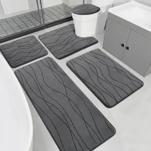 Memory Foam Grey Bathroom Rug Sets 5 Piece, Ultra Absorbent Bath Mat for Bathroom - Non-Slip Machine Washable & Dry Quickly, 5 Piece Bathroom Mat Set, Dark Grey