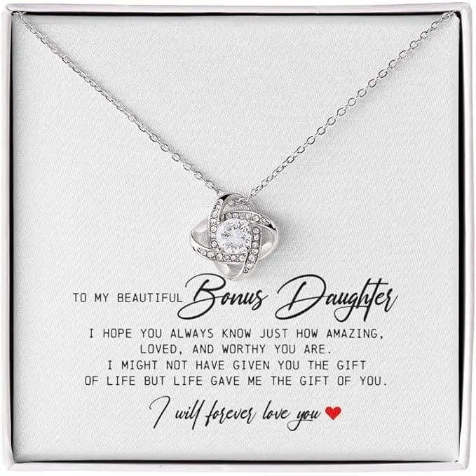 To My Beautiful Bonus Daughter, Love Knot Necklace, Bonus Daughter Gifts, Adopted Daughter Necklace From Unbiological Mom, Step Daughter Gifts From Stepdad, To My Stepdaughter Necklace, Best Birthday Christmas Graduation Gift Idea