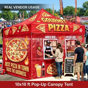 Pizza Booth Tent Dye Sublimation Printing Retractable Tent Business Event Flame Resistant Pop-Up Vendor Canopy for Food Festivals & Street Stalls with Wheeled Carry Bag