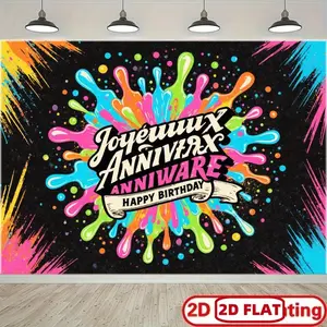 2D Flat Vibrant Multicolor Doodle Party Banner Decorative Design Throw - Graphic Text Throw, Black Background Colorful Backdrop for Birthdays, Anniversaries, Entrance & Room Decorations, Decorative Design Throws, Graphic Text Throws