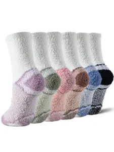 6 Pairs of Women's Crew Fussy Socks for Cold Weather, Cozy Solid Color Warm Home Plush Floor Socks, Soft and Comfortable, Sweat Wicking Sleep Socks, Suitable for Home and Daily Wearing in Fall and Winter, Warmth Providing