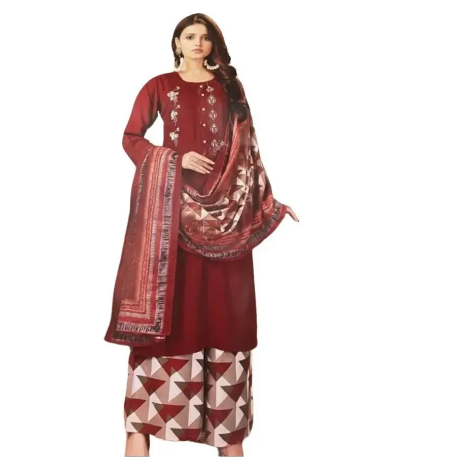 #PL3-2 Maroon 3‑Piece Kurta Set with Printed Palazzo & Dupatta