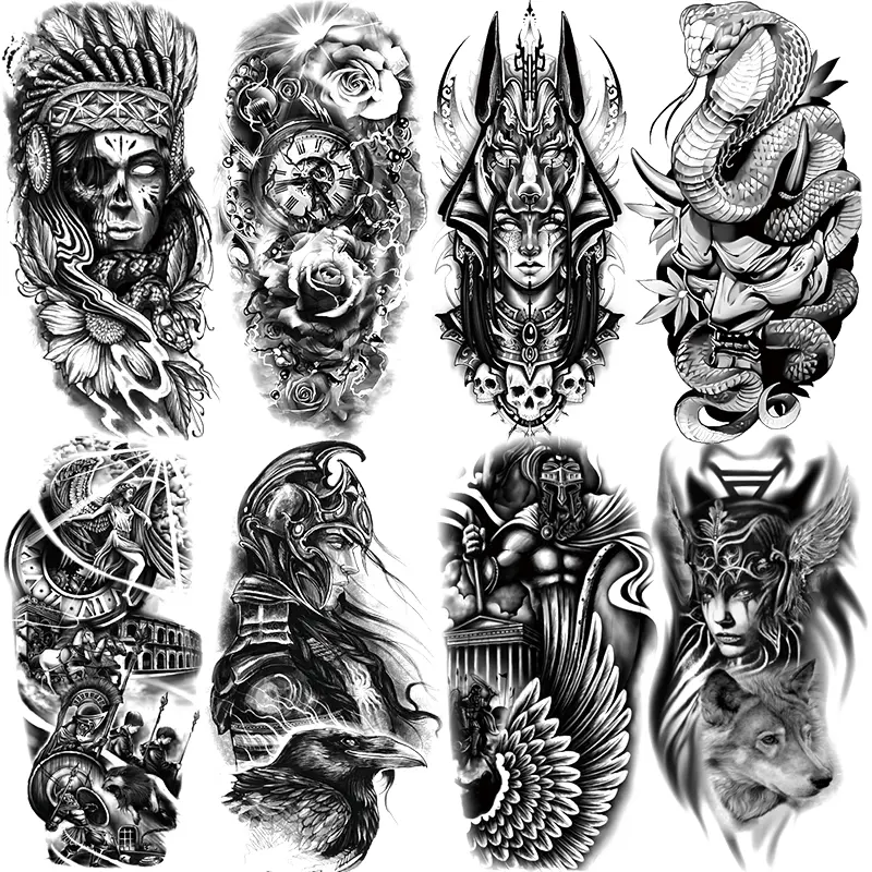 8 Temporary Tattoo Stickers, Indian Skull, Snake Warrior, Egyptian Anubis, Flowers, Compass, Buddha, Greek Mythology, Party, Festival, Sticker Tattoos, Temporary Fake Tattoo