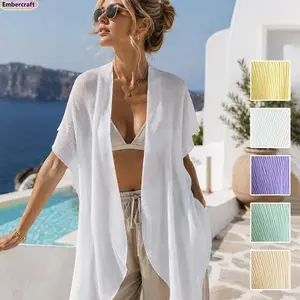 Crinkle Beach Cover Up Cardigan for Women, Lightweight Solid Color Bikini Cover Up Shirt with Sun Protection Design, Trendy Resort Wear Layer for Beach Trips, Pool Days, Vacation Outfits & Coastal Styling