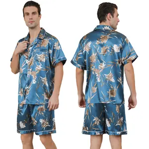 AiSomnus - Men's Satin Pajama Set Short Sleeve Short Pants High Quality Button Down Sleepwear Blue Big Flower Printing