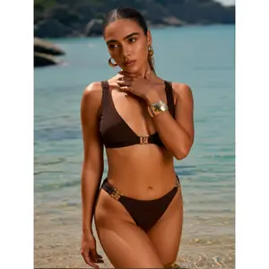 2026 New Arrival Brown Ribbed Two Piece Bikini Set, Triangle Top & High Cut Bottoms With Gold Hardware For Beachwear