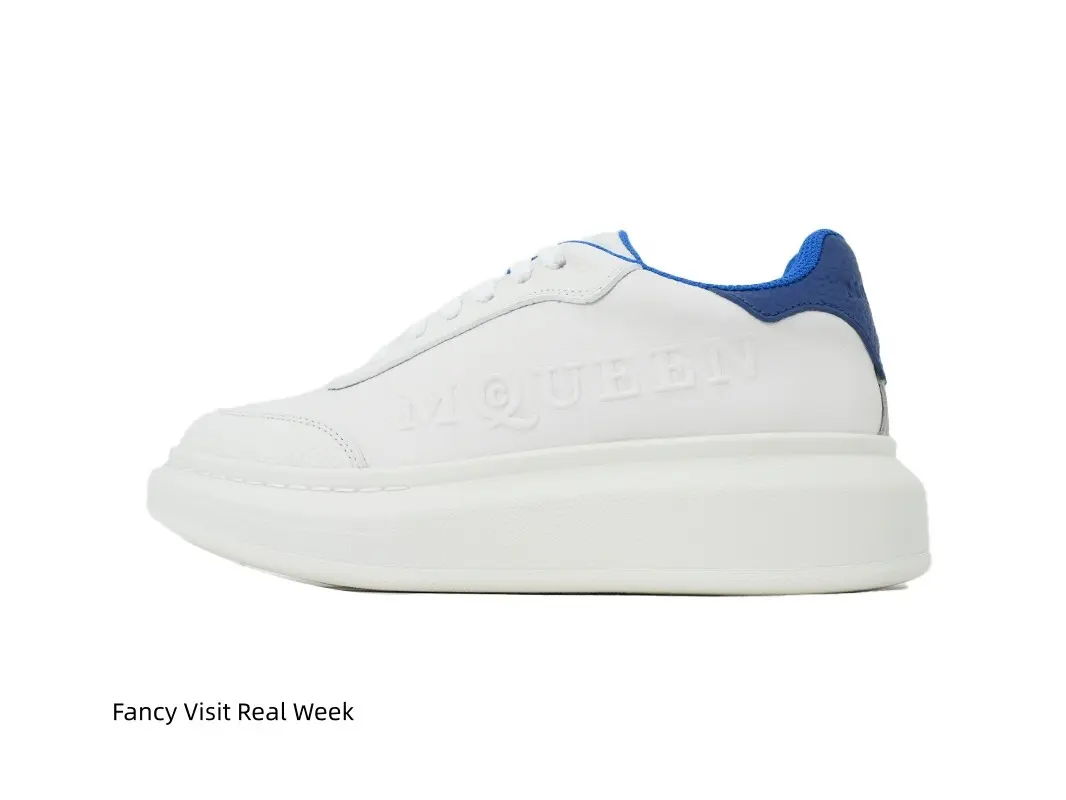 Soft Genuine Cow Leather White Platform Sneakers With Bright Blue Contrast Heel, Embossed Side Letter Detail Height Increasing Non Slip Thick Sole Casual Walking Trainers For Men Women Daily Commute Street Outfits