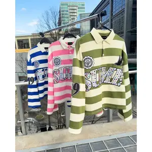 Sume Gothic Loose Long-Sleeve T-Shirt/Polo Shirt with Small Stone Embroidery, Striped Design, Y2K Harajuku Hip Hop Style, Lapel Collar, Unisex