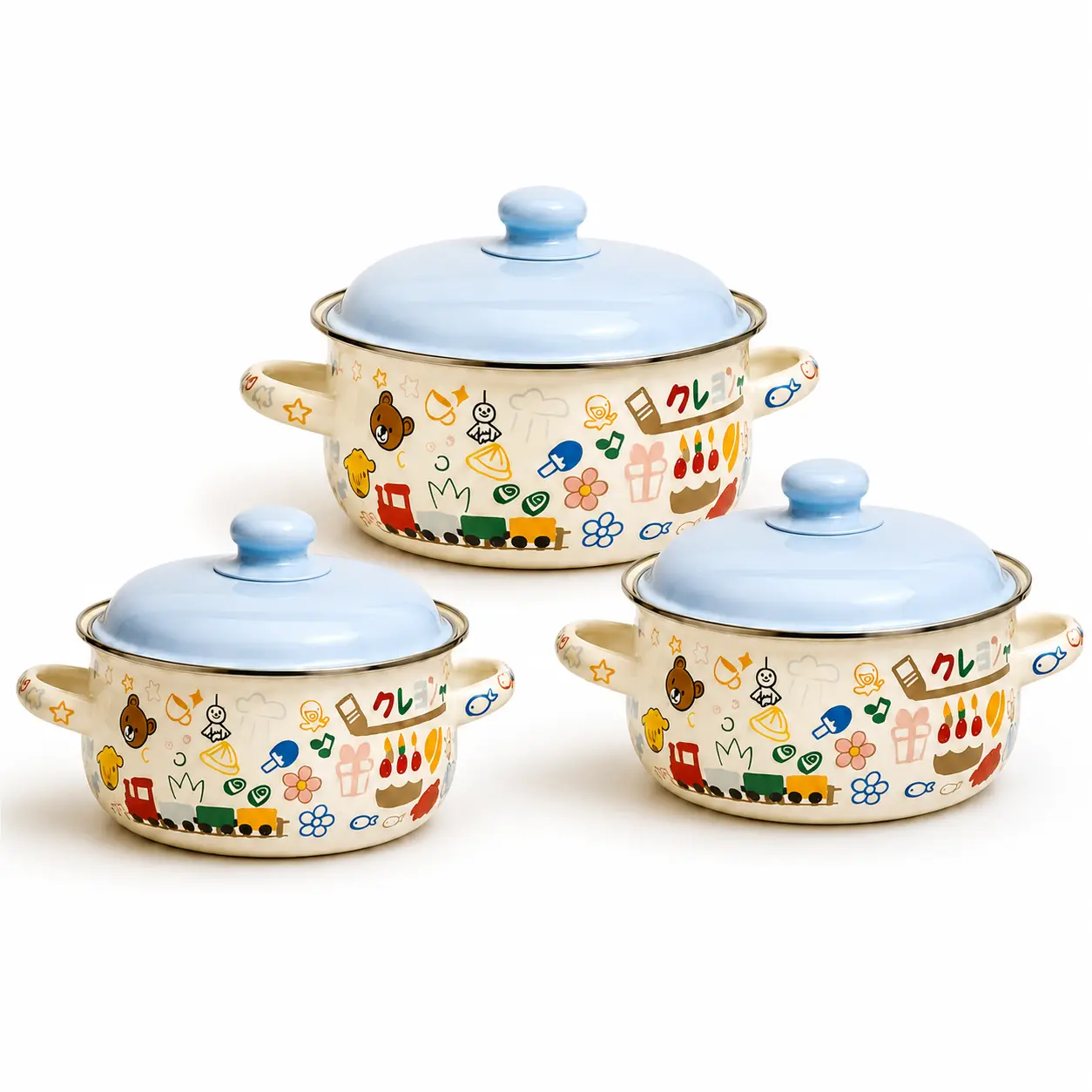 Enamel 3-Piece Cooking Pot Set with Lids, Double Handles, 1L/1.5L/2.2L Capacity for Soup, Porridge, 1 of 3 Print Designs Available