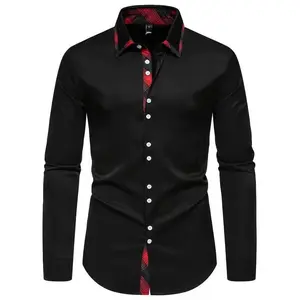Men's Classic Plaid Collar Long Sleeve Shirt - Casual, Non-Stretch Polyester with Red & Black Accents, Machine Washable, Ideal for Spring/Fall
