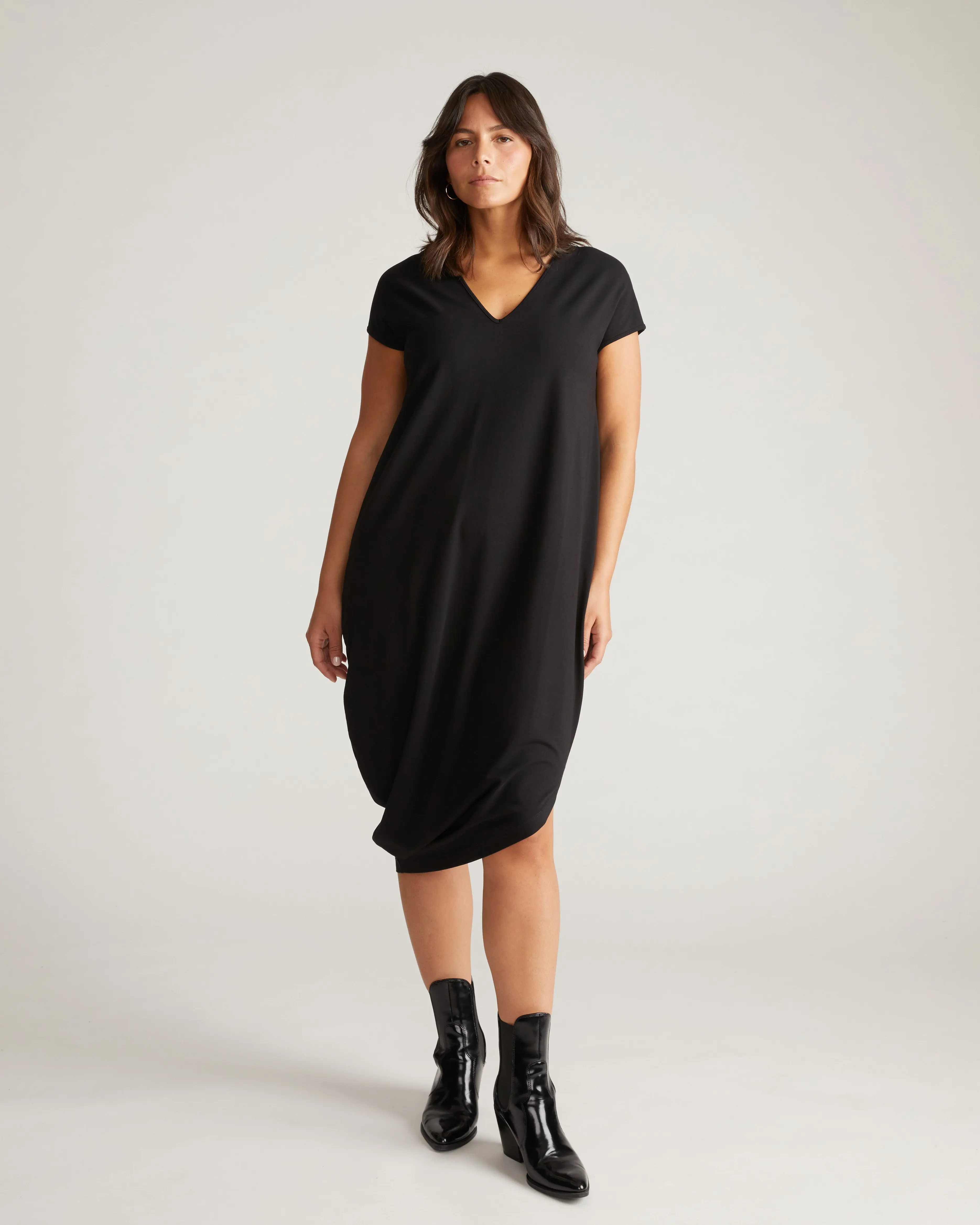 Black V-Neck Dress, Ready to Wear in Soft Peruvian Cotton, Comfortable Loose Style, Pilling Resistant, Casual, Basic, Loose Fit, Cold Wash, Pilling Resist., Cool Iron, Women, Spandex, Piece, Fabric, Pilling Res.