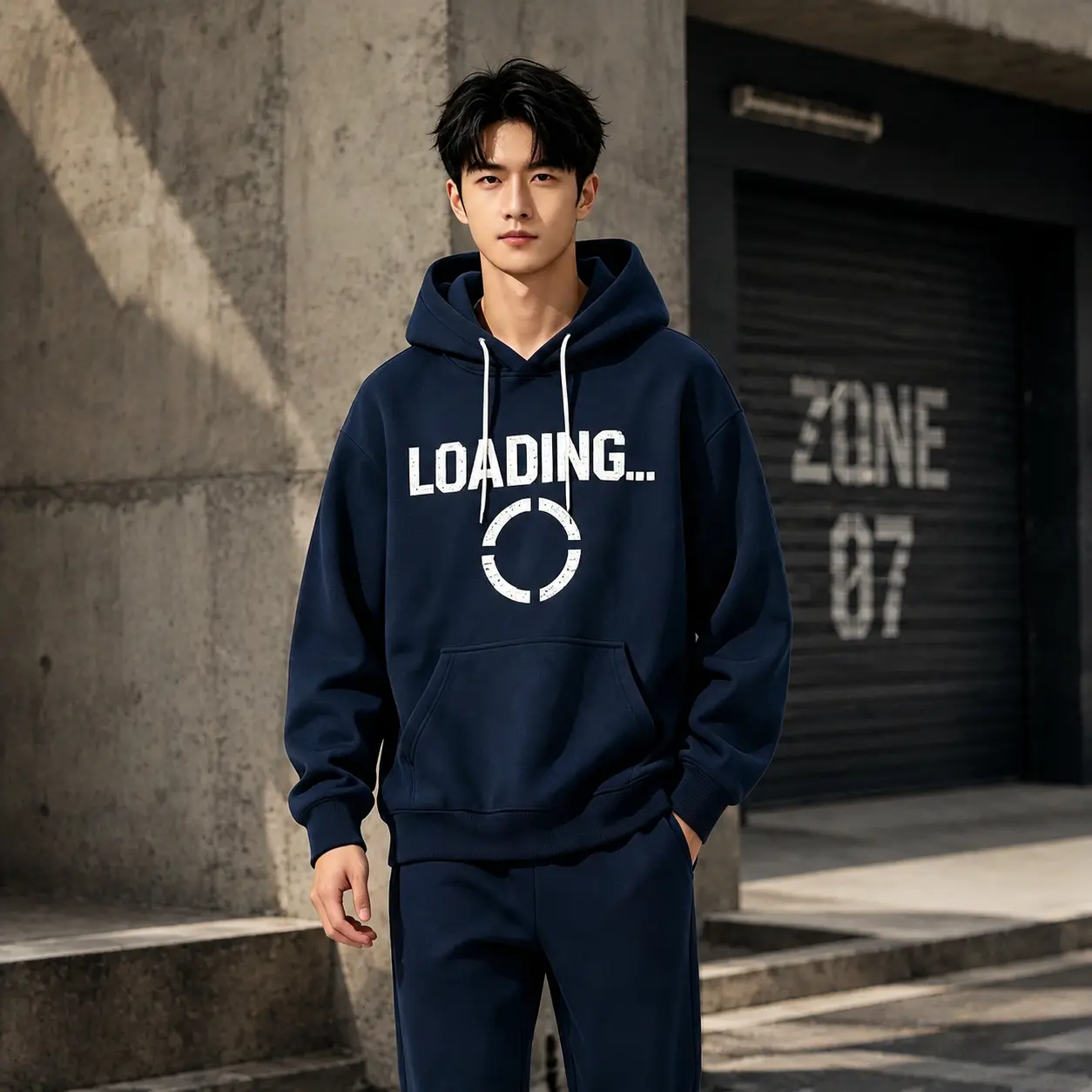 Oversized Loading Graphic Pullover Hoodie for Men, 50% Cotton 50% Polyester Brushed Fleece Drawstring Hooded Sweatshirt, Vintage Distressed Print Casual Streetwear Hoodie With Kangaroo Pocket Fall Winter Tops Blue Jeans