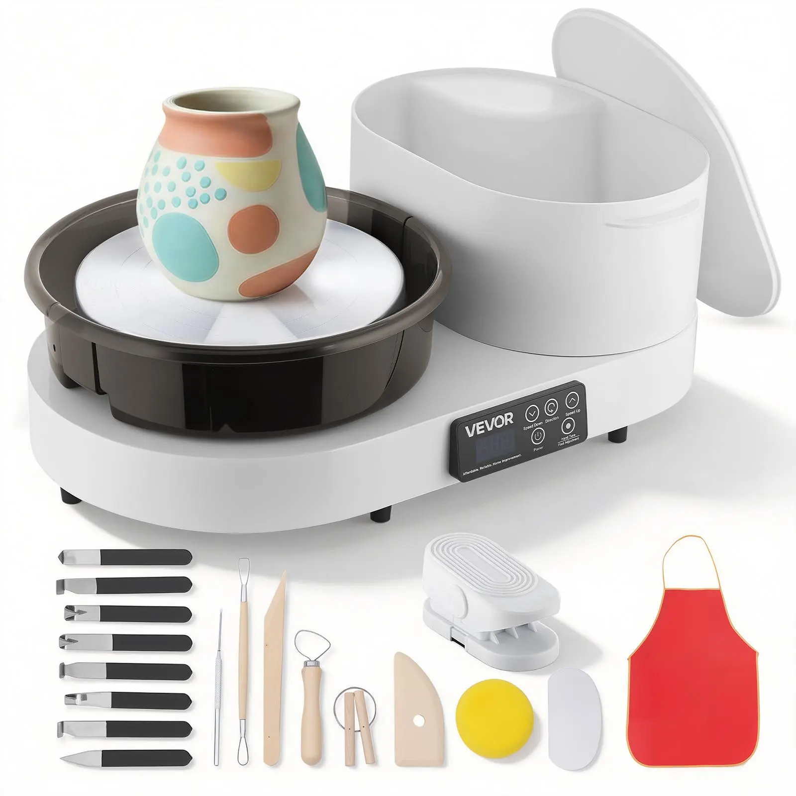 VEVOR Tabletop Pottery Wheel for Adults, 11" Aluminum Turntable, 450W Electric Pottery Wheel with Foot Pedal, 30-300 RPM Adjustable Speed, Aluminum Body, for Beginners, Couples & Friends, DIY Clay Art Craft, White, Apron-Compatible, 11" Turntable