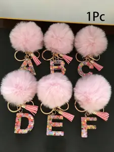 1 Pc, Fuzzy Keychain, Alphabet Initial Letter Keychain Cute Plush Pom Pom Key Chain Ring Bag Backpack Charm Car Hanging Pendant Women Girls Gift, Sequins Resin Key Chain, Wallet and handbag accessories, keychain with tassels, Alphabet Initial Letter A-Y