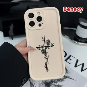 TPU Phone Case for iPhone 15 16 14 Pro Max 13 12 11 XR XS Plus E Rose Cross Pattern Pocket-Friendly Shockproof Silicone Protective Soft Smartphone Casing