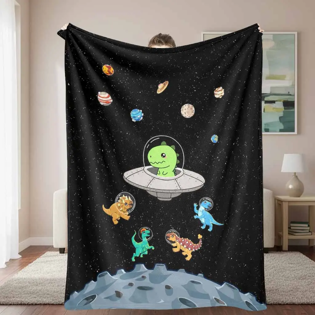 Space Dinosaur Flannel Blanket Galaxy Planet UFO Print Extra Soft Lightweight Warm Fuzzy Plush Throw For Bed Sofa Couch Living Room Camping Travel Home Decor Birthday Holiday Unique Gift Choice