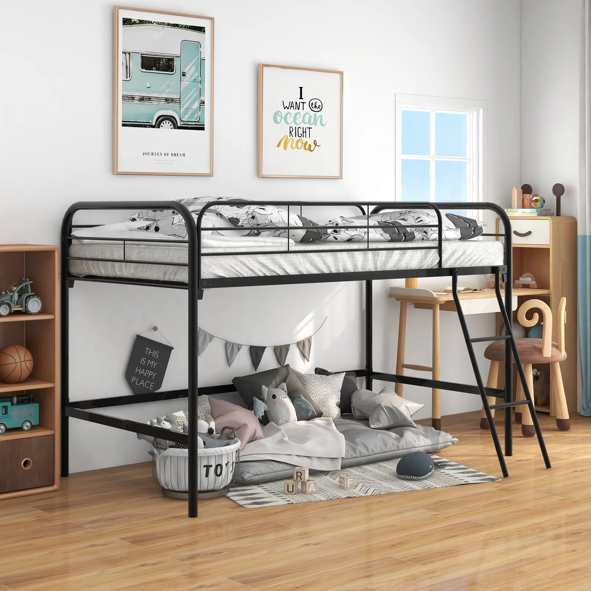 Low Twin Loft Bed Frame with Sturdy Steel Frame, Metal Twin size Loft Bed Frame with Ladder and Safety Guardrails, Storage Space Under The Bed, No Box Spring Needed (Black)