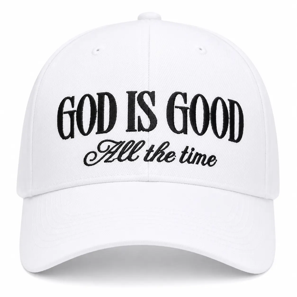 Unisex Adjustable White Baseball Cap with "God Is Good All The Time" Heat Transfer Graphic, Christian Faith Religious Inspirational Hat, Hats for Women, Fathers Day Church Gift, Outdoor Casual Wear, Memorial Day
