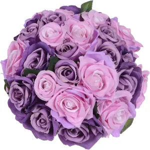 Artificial Flowers Rose Bouquet 2 Pack Fake Flowers Silk Purple Roses 18 Heads Bridal Wedding Bouquet for Home Garden Party Wedding Decoration (Purple-Pink)