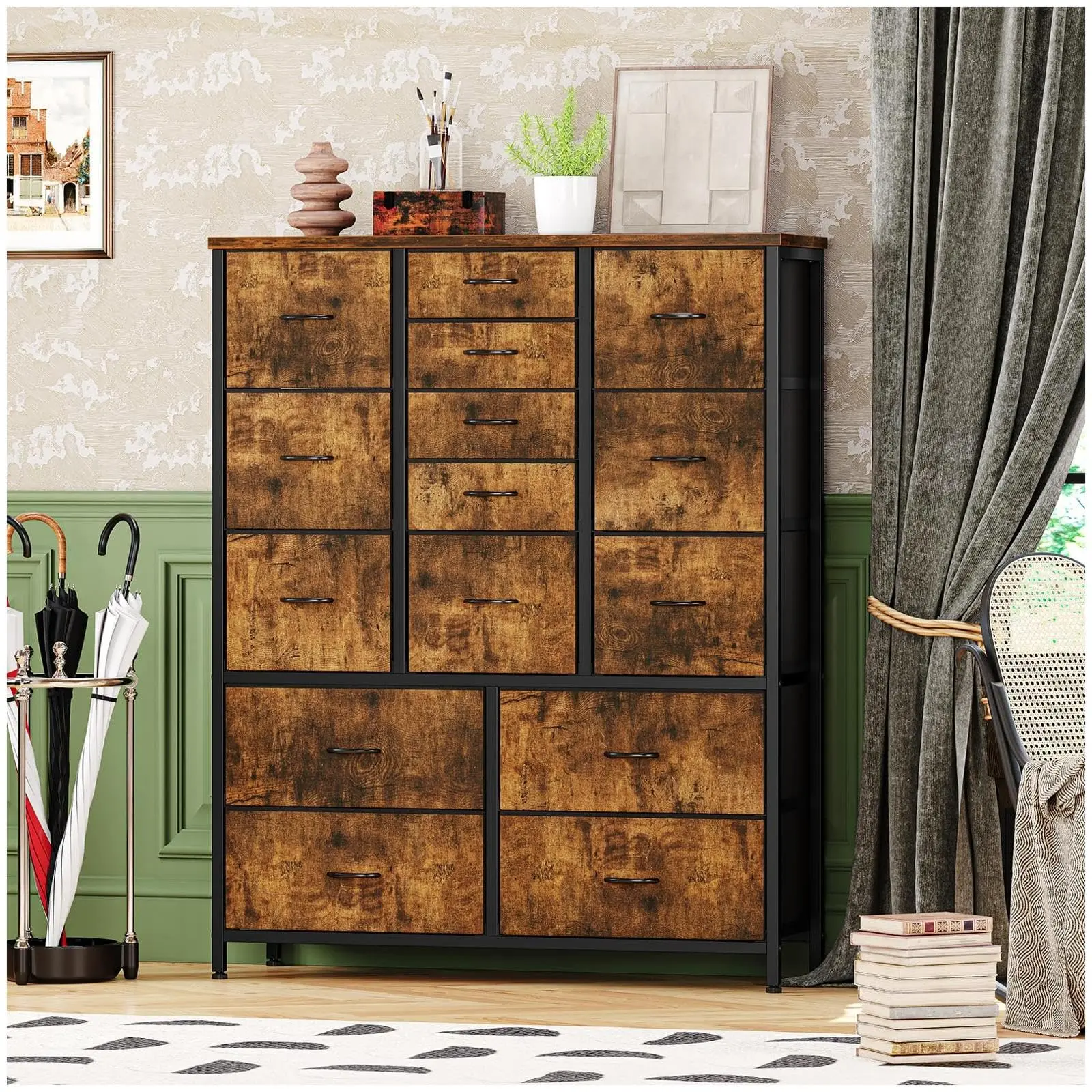 【GARVEE】15 Drawer Dresser for Bedroom Storage - Tall and Spacious Organizer with Fabric and Metal Frame, Wood Top, Side Pockets, Hooks, Easy Pull Handles, Simple Assembly in Rustic Brown or Charcoal Black