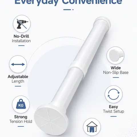 Drill-free telescoping rod, suitable for shower stalls, windows, closets, and doorways; this non-slip, multi-functional curtain rod is a must-have for dorm rooms, rental units, and home decor.