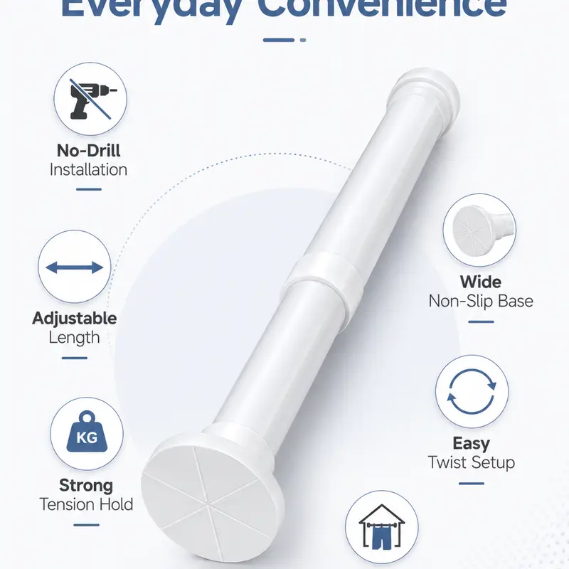 Drill-free telescoping rod, suitable for shower stalls, windows, closets, and doorways; this non-slip, multi-functional curtain rod is a must-have for dorm rooms, rental units, and home decor.