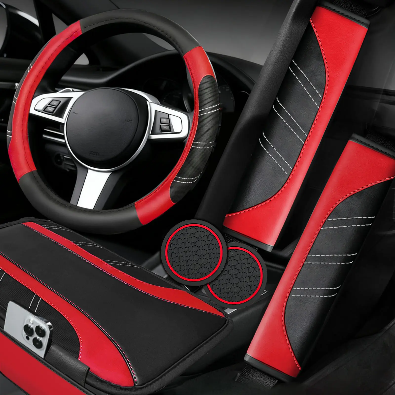 NBTEPEM 6-Pcs Car Interior Kit - Universal 14.5-15in Sport Faux Leather Steering Wheel Cover, Microfiber Leather Center Console Cover, Seat Belt Cushion, Cup-Holder Coaster, Luxury Auto Interior Accessories