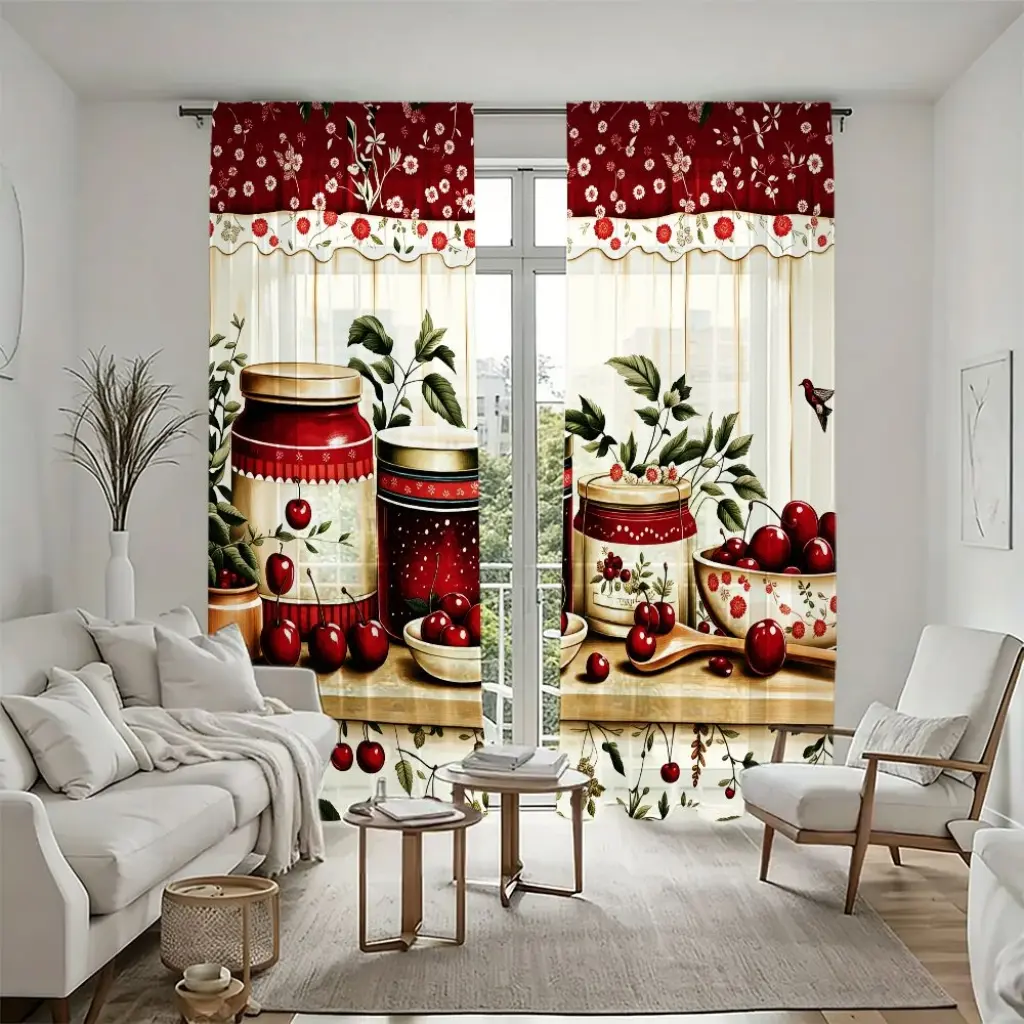 2Pcs Red Cherry Jar Printed Curtains for Kitchen Dining Room Countryside Decor Modern Minimalist Design Rod Pocket Easy Install Semi Transparent Elegant Home Style Multi-Room Living Rooms Bedrooms Study Durable Wind