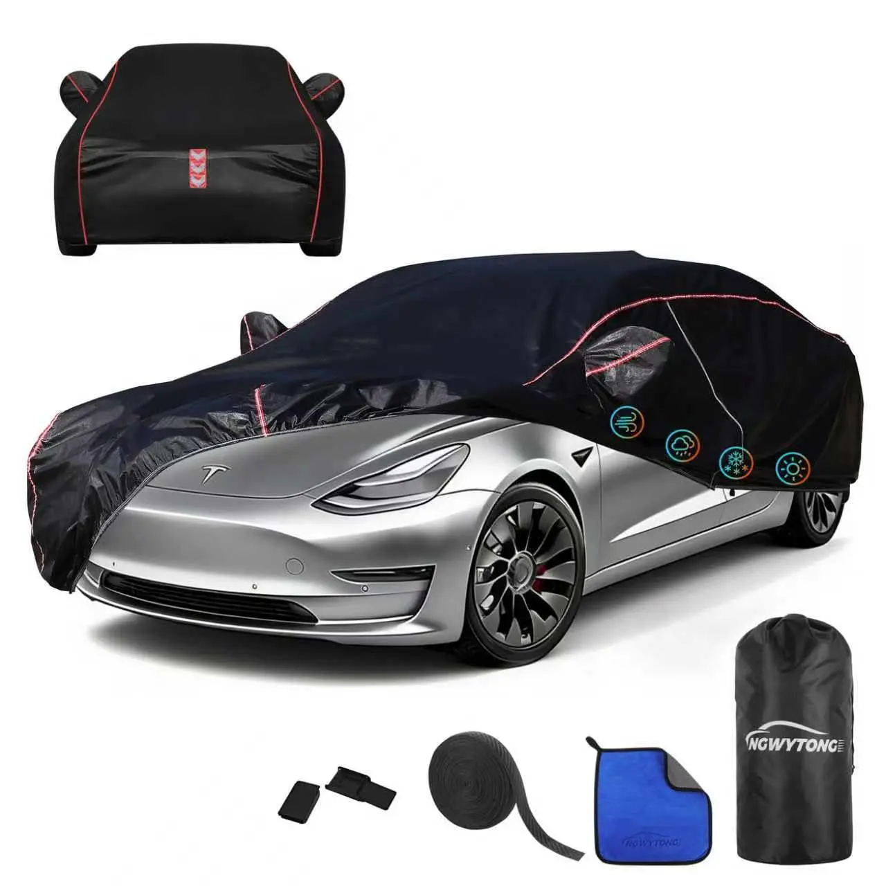 Waterproof All-Weather Car Cover for Tesla Model 3 (2017-2025) - 4 Upgraded Features, All-Around Fastening, 60s Quick Installation