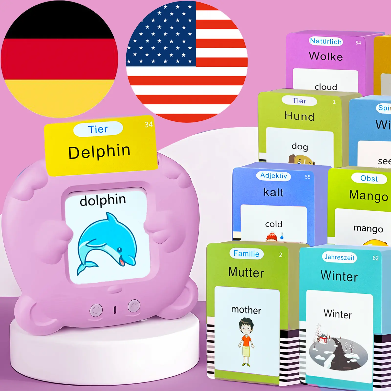 German English Talking Flash Cards Bilingual for Kids - 510 Sight Words in 31 Themes, Pocket Speech for Toddlers Adults, Educational Gifts for Boys Girls, Autism Sensory Toys, Language Learning Tool, Travel Activities Home School Classroom, Pink