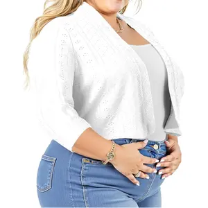 Women's Plus Size Shrug Open Front 3/4 Sleeves Summer Beach Cover Ups Cropped Bolero Openwork Fabric Cardigan