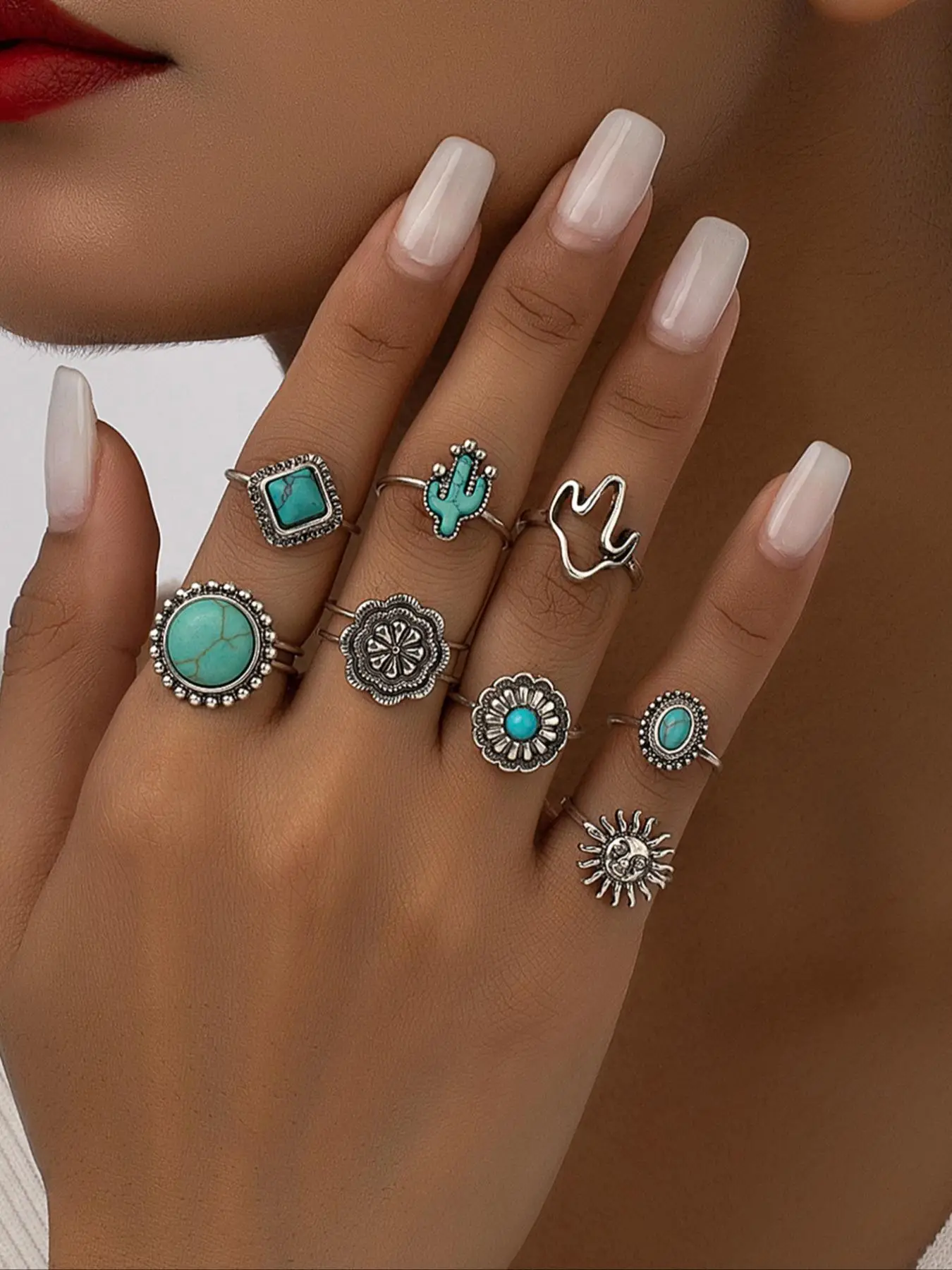 8pcs Western Turquoise Texture Ring for Women, Fashionable Boho Style Flower & Cactus & Sun Design Ring Set, Fashion Turquoise Decor Ring for Women fo
