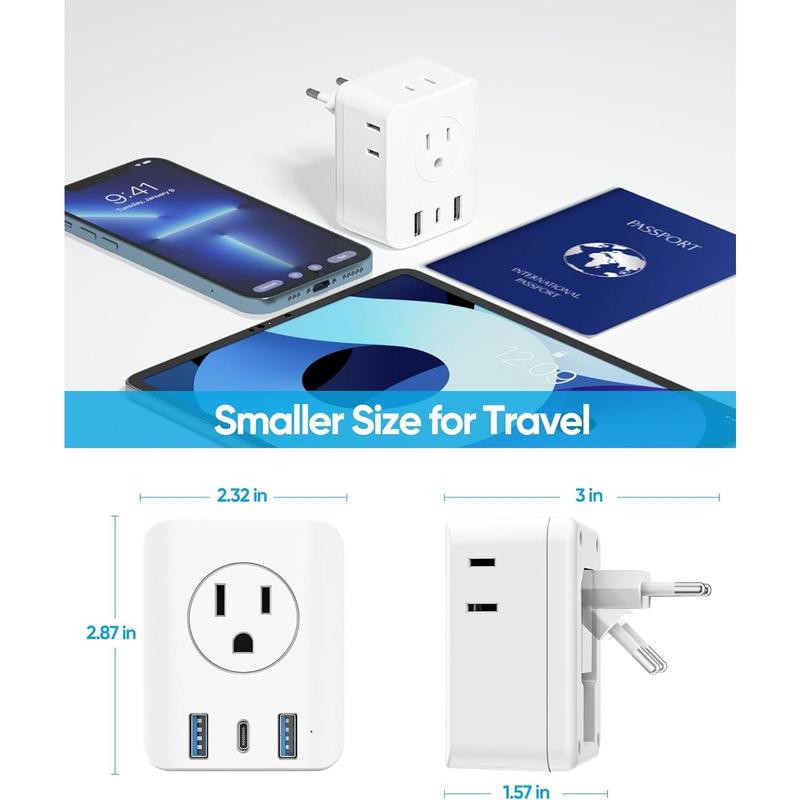SQ-APT016 European Travel Plug Adapter,  Foldable International Power Adapter with 4 Outlets 3 USB Ports, Type C Plug Adapter for US to Europe, Italy Spain Iceland France Germany